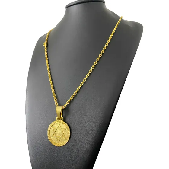 Cordão Cadeado 3mm Com Pingente Estrela Davi Banhado A Ouro