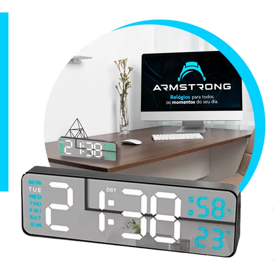Relógio Despertador Digital Led Espelhado Luxo Mesa Parede Cor Azul 5v