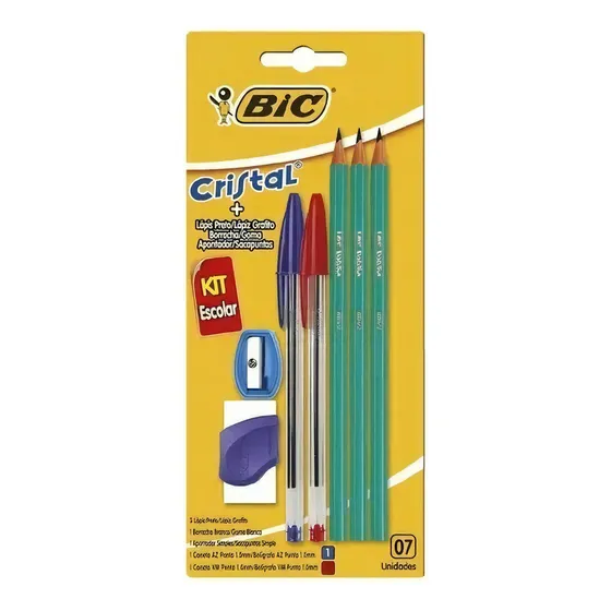 Kit Escolar Bic 3 Lápis 2 Canetas 1 Apontador E 1 Borracha