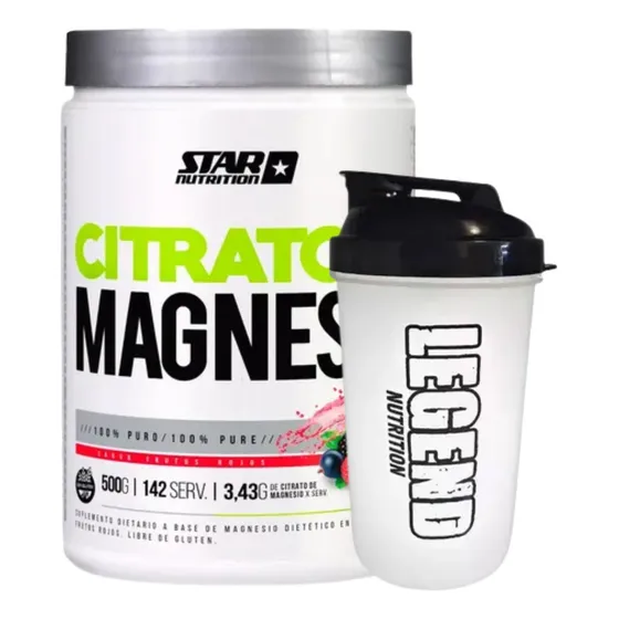 Citrato De Magnesio En Polvo 500g Star Nutrition Frutos Rojos + Vaso Legend