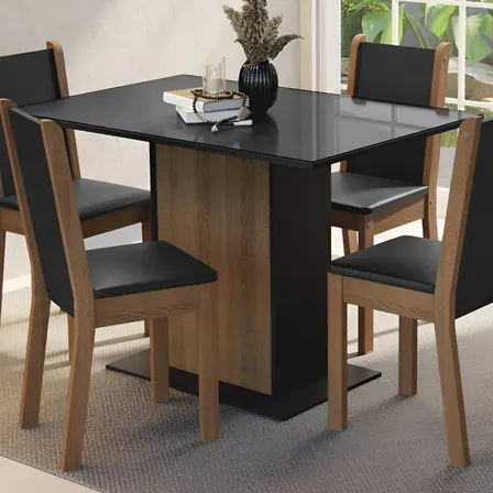 Sala Jantar Mesa Tampo Vidro 4 Cadeiras Martina Madesa Pr Cor Preto/Rustic