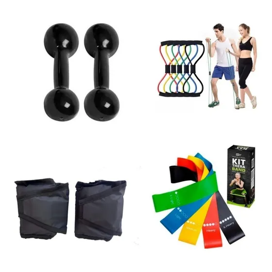 Kit Academia Halter 1kg+ Caneleira 1kg+ Theraband+ Elástico Cor Preto