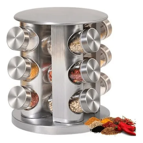 Porta Potes Tempero Condimentos Giratório Inox Premium 12pçs Cor ALUMINIO