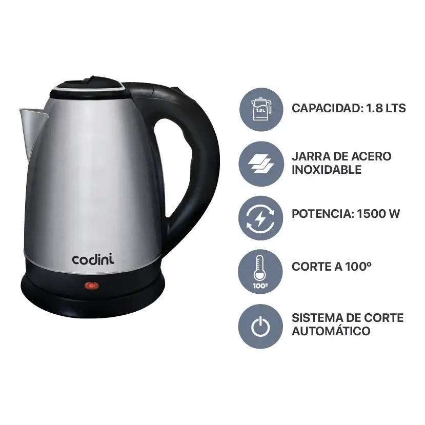 Pava Eléctrica Hervidora Acero Inoxidable 1.8 Lts Codini - P18HAN