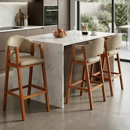 Banqueta Liz Estofada Área Gourmet Amadeirada House Inbox 90 Cm Corino Bege