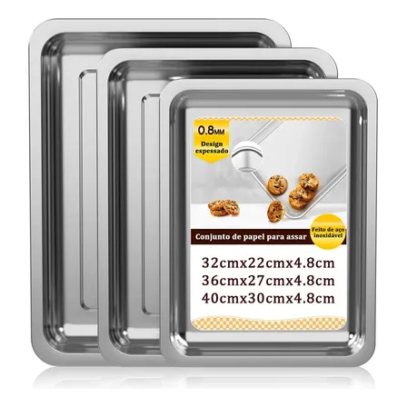 Kit 3 Assadeira Aço Inox Retangular Para Assados/forma/tabuleiro,pizza Retangular,para Assar Frango Carne Forma Bolo... Prateado