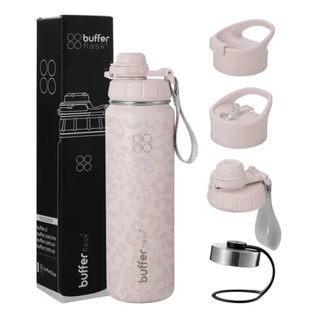 Termo Botella Agua Termica Buffer Acero Inoxidable + 4 Tapas - Pinky Leopard