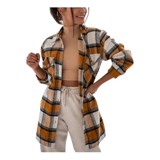 Camisa Cuadro Larga Chaqueta Franela Bolsillo Blusa