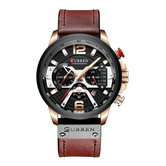 Reloj pulsera Curren 8329 con correa de cuero color marrón - fondo negro - bisel negro/gris