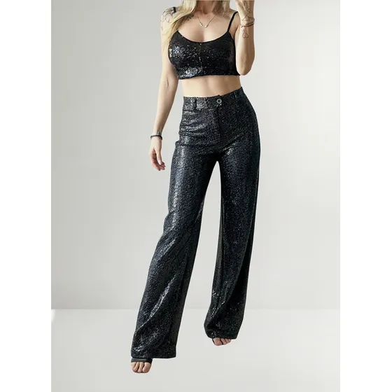 Pantalón Palazzo Fiesta Noche Lentejuelas  Mujer Wide Leg