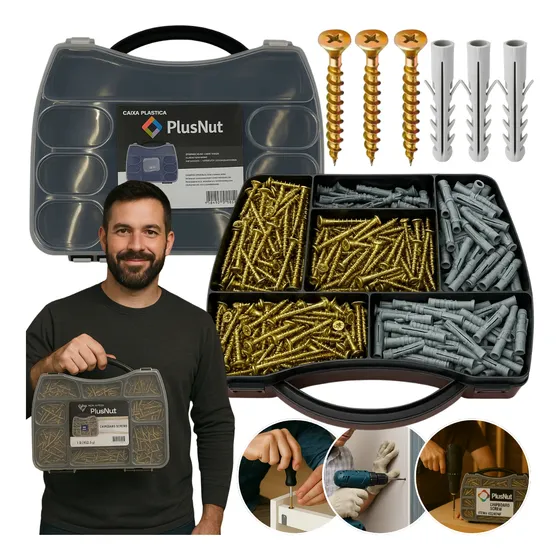 Kit 1000 Pçs Parafusos Buchas C/ Maleta Chipboard P/ Madeira