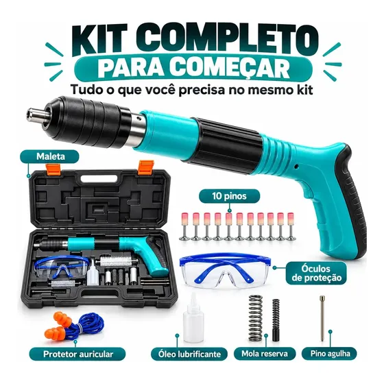 Pistola Fixação Finca Pino Ação Direta 10 Pregos Epis Maleta Pinador Pregador Grampeador Rebitador De Prego Pressão Manual Ferramenta Para Drywal Gesso Concreto Aço Parede + 10 Pinos acessórios