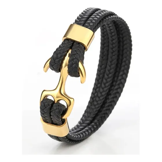 Pulsera Cuero Trenzado Multicapa Ancla Náutica Titanio