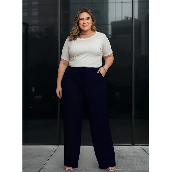Calça Feminia Pantalona Lisa Plus Size Fluído Premium