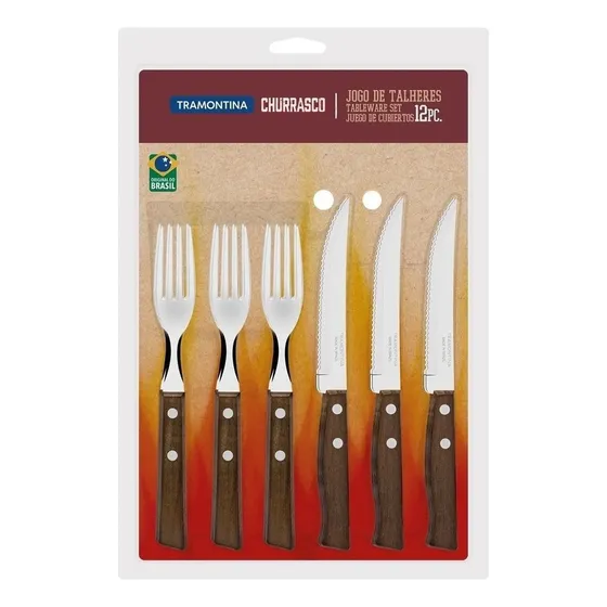 Juego de Cubiertos para Asado con Láminas de Acero Inoxidable y Mangos de Madera Natural 12 piezas Tramontina Churrasco