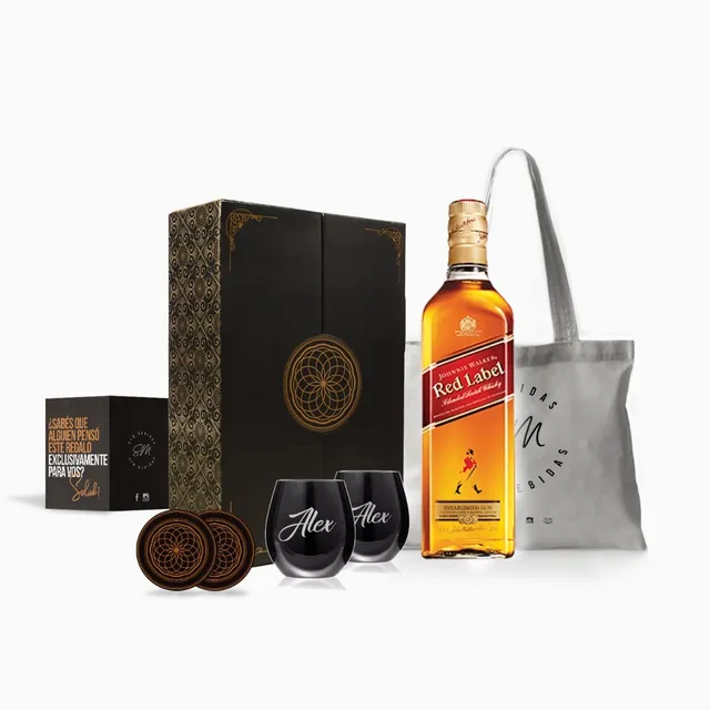 Box Whisky Johnnie Walker Red Label Vasos Negros Grabados