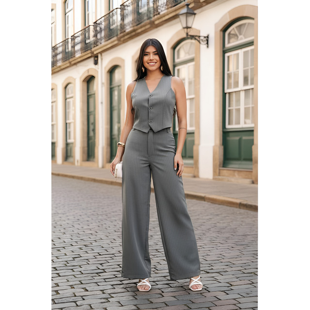 Conjunto Alfaiataria Social Risca De Giz Feminino Elegante