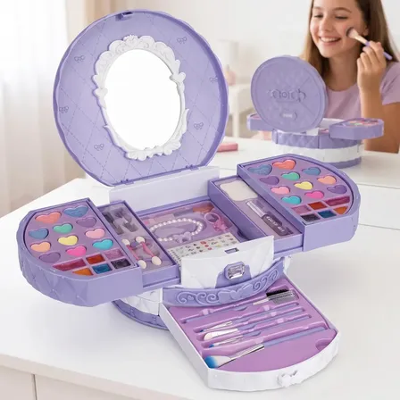 Maleta de Maquiagem Infantil Completa Fenzza Teen Rainbow, Kit Violeta para Menina com Sombra e Batom