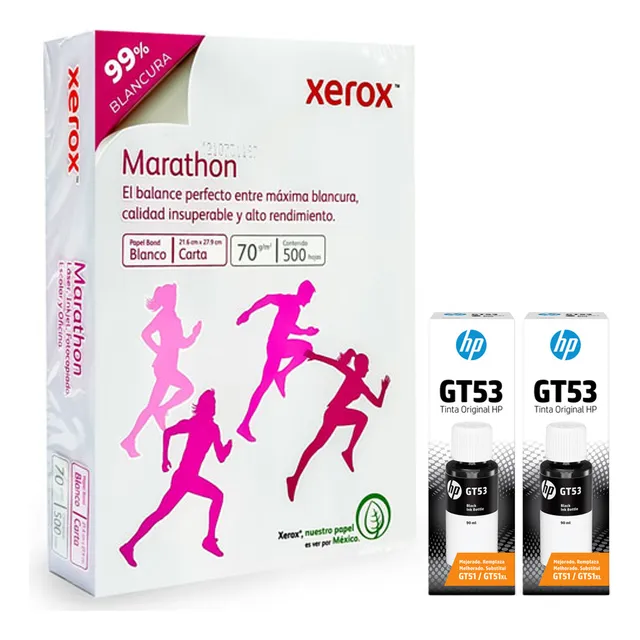 Kit 2 Botella De Tinta Hp Gt53 Negro + Pack 500 Hojas Xerox