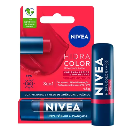 NIVEA Hidratante Labial Hidra Color 3 em 1 Vermelho FPS 30 4,8g, Cor Intensa, Hidratação 24h, Proteção UVA/UVB, Lábios e Bochechas