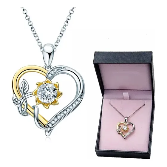 Collar Plata Fina 925 Corazon Girasol Moissanita Baño Oro Con Caja