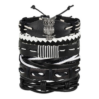 Pulseras Hombre Cuerda Piel Set 6 Con Buho Pulseras Hombre Cuerda Piel Set 6 Con Buho