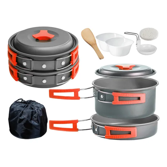 Marmita Aluminio Teflonado Camping 2 Personas Olla Sarten Color Naranja
