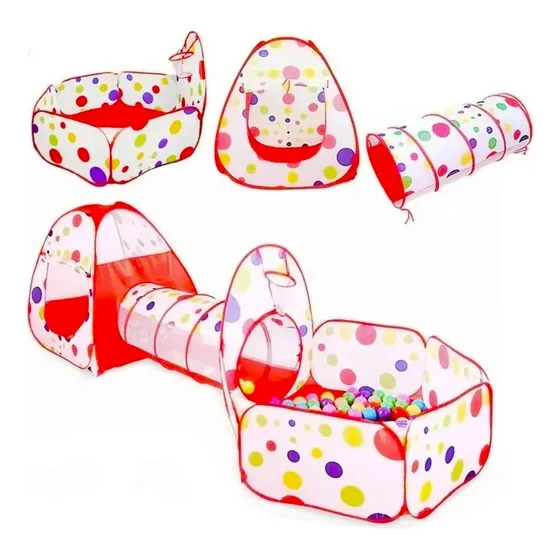 Carpa Con Tunel Y Pelotero Infantil Rojo A Lunares Peque