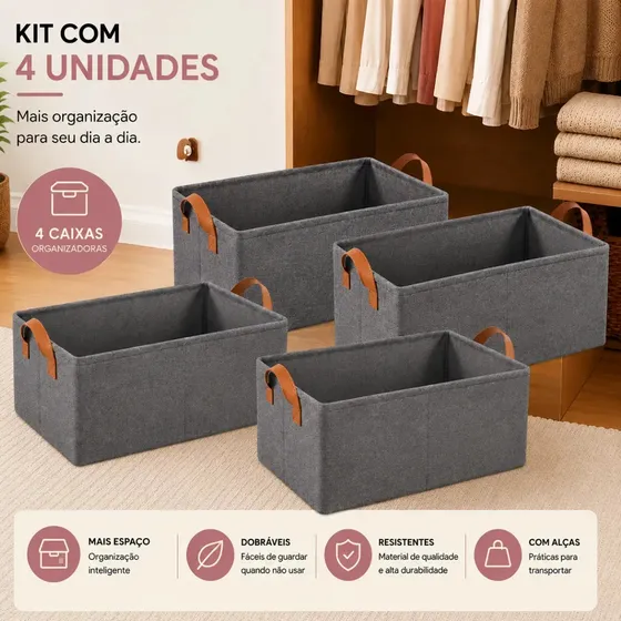 Kit 4 Caixas Organizadora para Guarda Roupa e Gavetas Cesto Organizador Multiuso de Roupas Íntimas e Camisas