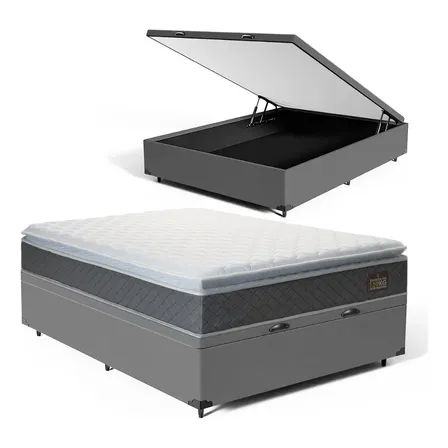 Cama Box Baú Casal + Colchão De Espuma D45 C/ Pillow Top Cinza