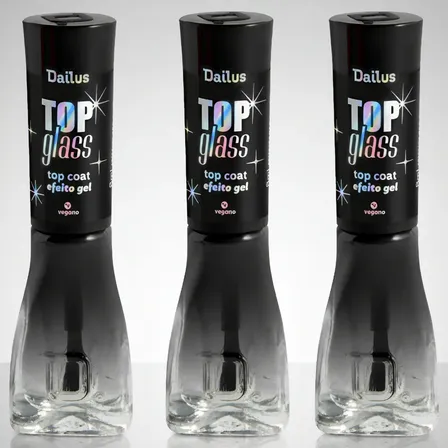 Kit Com 3 Esmalte Top Coat Efeito Gel Dailus Top Glass 8ml Incolor
