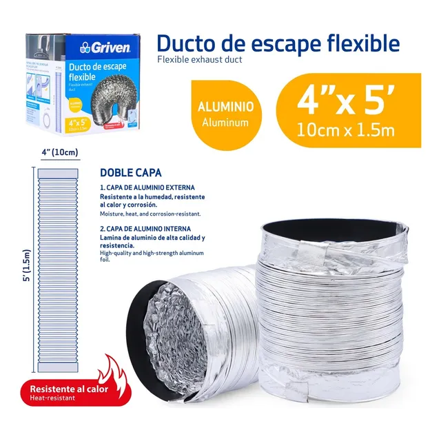 Ducto Flexibles  Secadoras 4 Pulgadas 1.5 Mtrs Sin Aislante