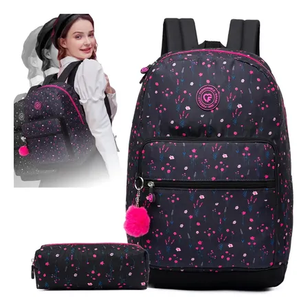 Mochila Feminina Ferrazzi com Estojo Floral para Escola, Trabalho e Viagem – 26 L
