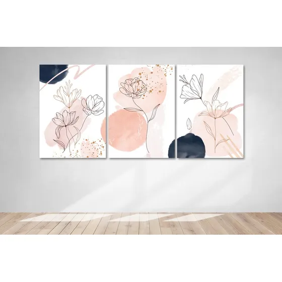 Cuadro Triptico Moderno 78x36cm Flores, Regalo Original 