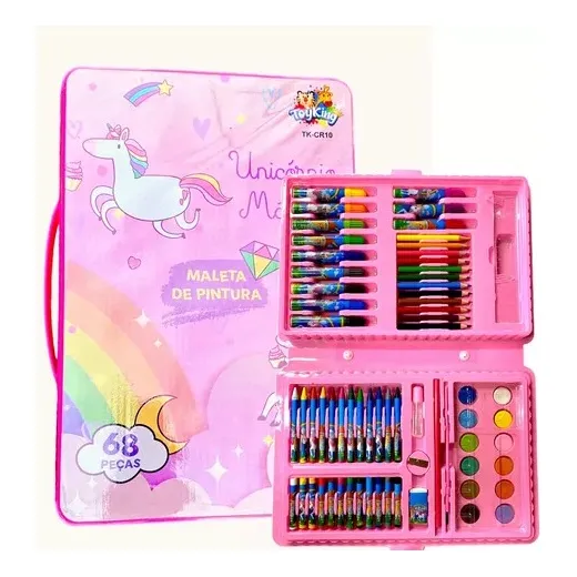 Ninho Boy 68 peças Cor Unicornio Maleta Pintura Infantil Estojo Escolar Canetinha