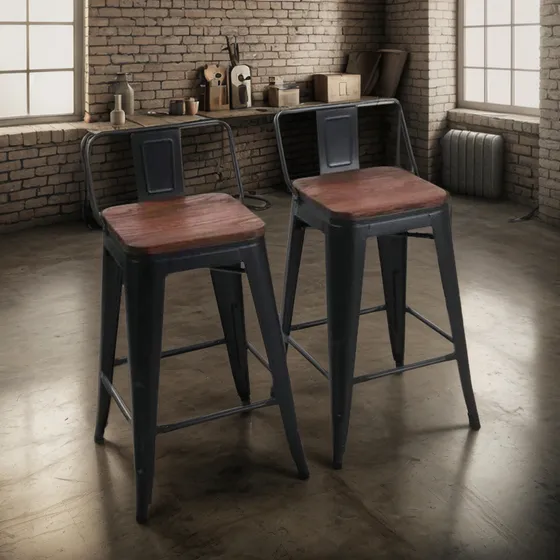 Pack De 2 Taburetes Tolix 66cm Con Madera Oscura