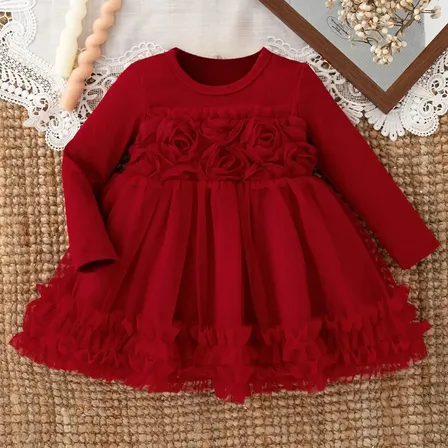 Vestido Infantil Manga Longa Com Flores E Tule Red 10/90