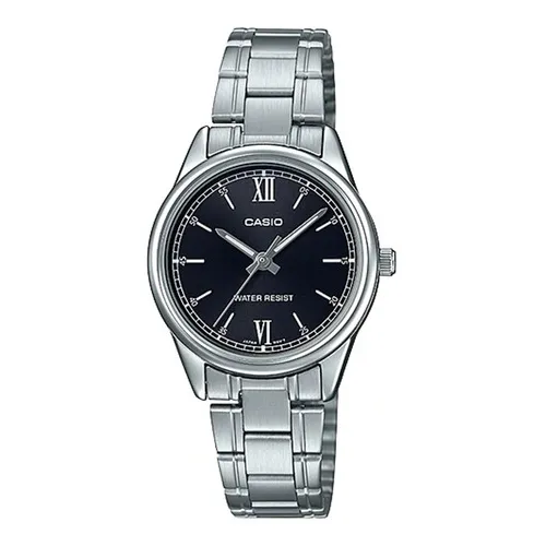 Reloj Para Mujer Casio Ltp-v005d-1b2u Plateado Color del fondo NEGRO CON NUMEROS ROMANOS