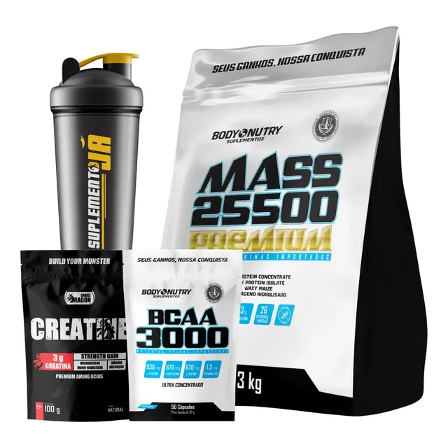 Hipercalorico 3kg + Bcaa 3k 60caps + Creatina 100g + Coq