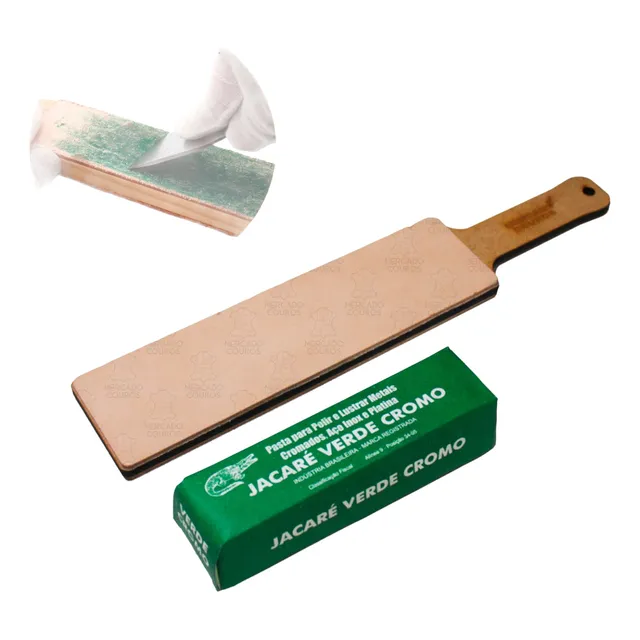 Strop De Couro Duplo + Pasta Jacaré Afiar Faca Canivete 400g