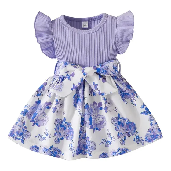 Vestido Floral Con Mangas Acanaladas Para Bebés