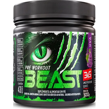 Pré-treino Beast 300g Sabor: Uva - Ultra Concentrado - Promove Vasodilatação, Recuperação Energética, Aumento De Óxido Nítrico, Desintoxicação E Melhora De Concentração E Foco