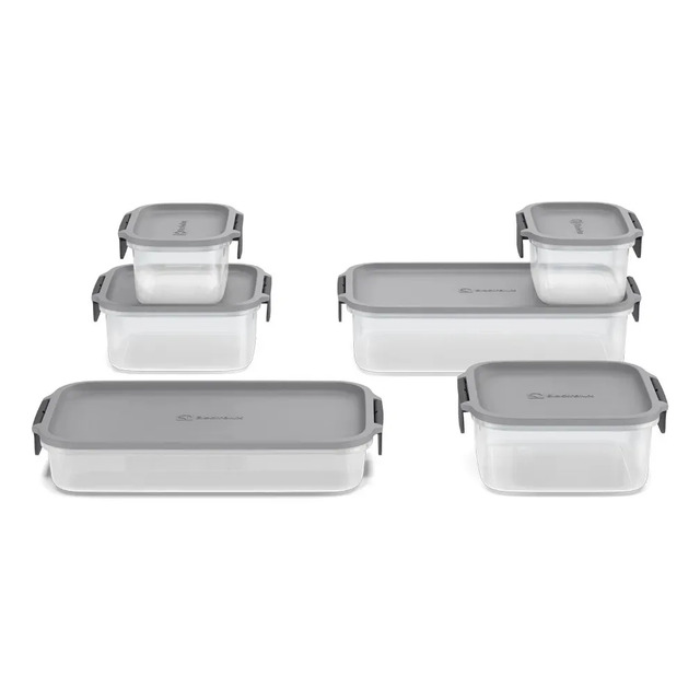 Conjunto de 6 potes herméticos Electrolux Safelock na cor cinza, dispostos em diferentes tamanhos sobre fundo branco.
