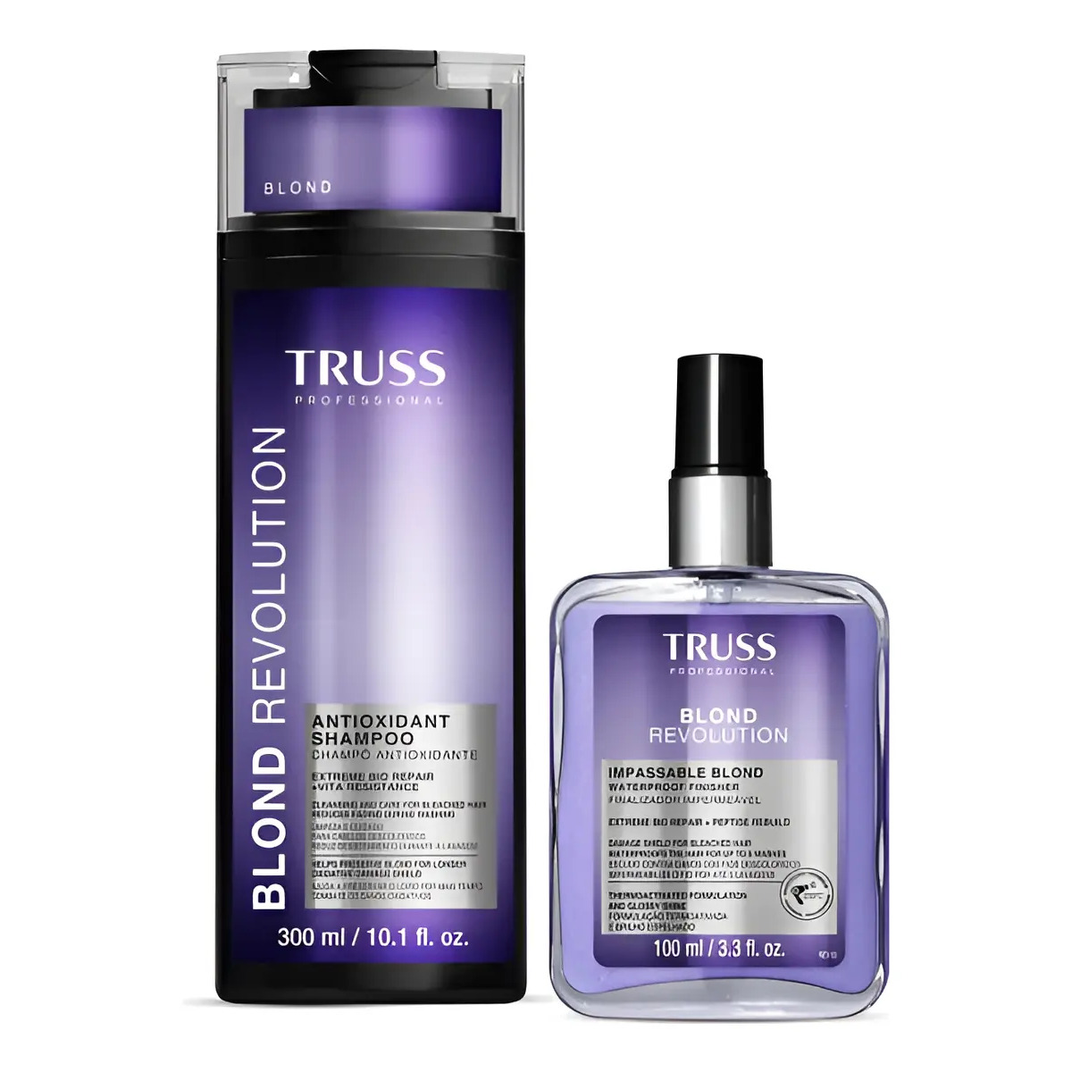 Kit Truss Blond Revolution contendo um frasco de shampoo de 300ml e um frasco de finalizador de 100ml, ambos com embalagens roxas e pretas.