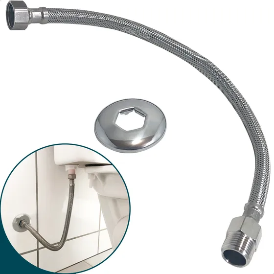 Engate Flexível 50cm Mangueira Inox 304 Trançado Macho X Femea Rabicho Entrada 1/2 Ligação Água Quente Fria Lavadora Caixa Acoplada Vaso Sanitário Dona D.cor