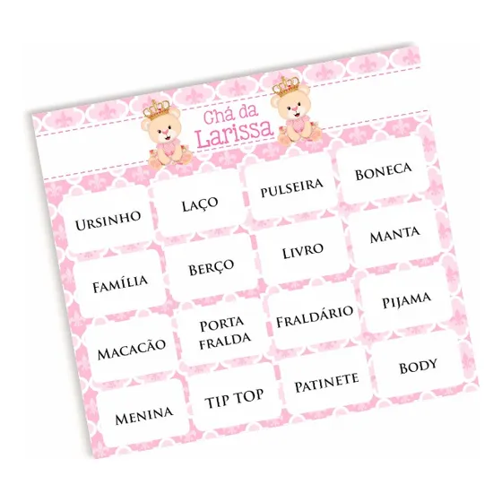 80 Cartelas De Bingo Chá De Bebê Ursinha Princesa 