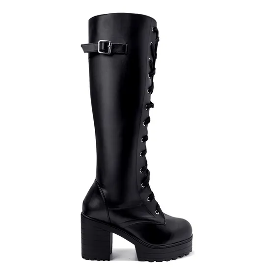 Botas Dama Negras De Tacón Alto Con Plataforma Y Cordones