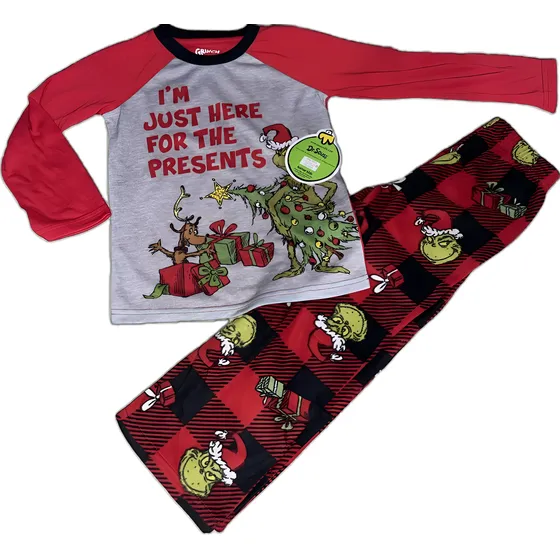 Pijama Navidad Grinch Rojo Gris. Niño Manga Larga Y Pantalon