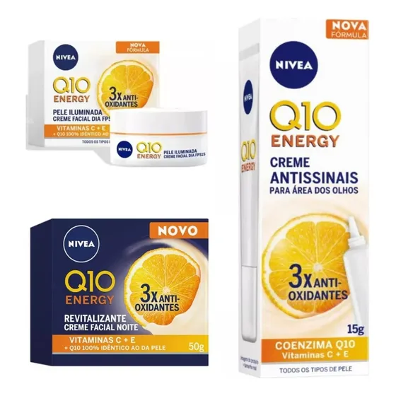 Kit Nivea Q10 Energy Dia & Noite Antirugas + Antiolheira 3un