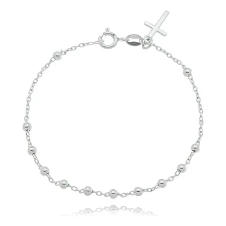 Pulseira Terço Bolinhas Pingente Cruz Prata 925 Unissex
